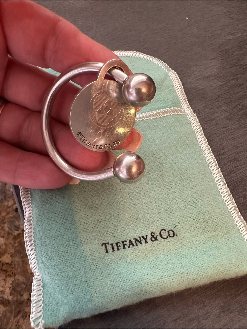Tiffany & Co. Silver Return-To Tag Keyring with Signature Blue Pouch